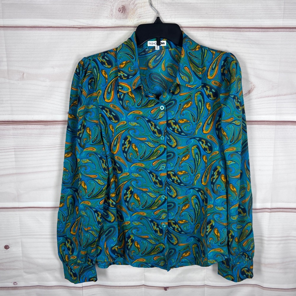 Fashion Nova Button Up Shirt Women M Blue Paisley Long Sleeve Blouse Retro Top